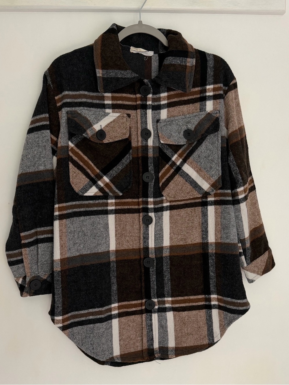 Goodnight Macaroon "Katherine" Brown Neutral Plaid Shacket Button Down Oversized